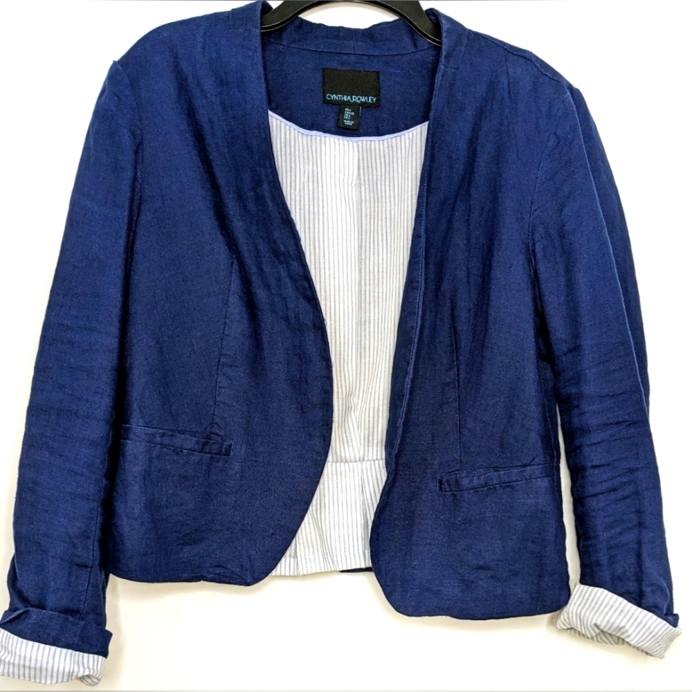 Cynthia Rowley Navy Blue 100% Linen Open Front Peplum Blazer Jacket Womens Large